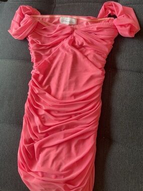 American Threads Coral Pink Ruched Mini Dress